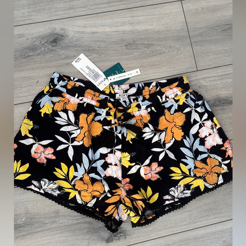 Roxy High Waist Floral Shorts - Black, Yellow, and Orange
